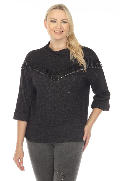 Joseph Ribkoff Style 234112 Black/Silver Studded Faux Leather Fringe 3/4 Sleeve Knit Top