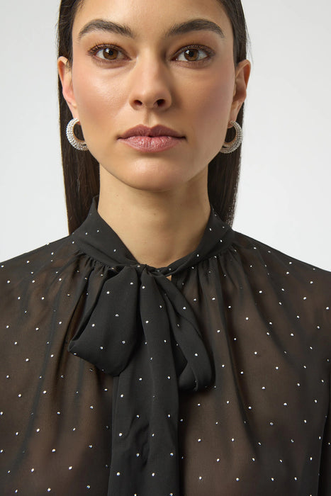 Joseph Ribkoff Black/Silver Studded Sheer Chiffon Pussy Bow Top 254200