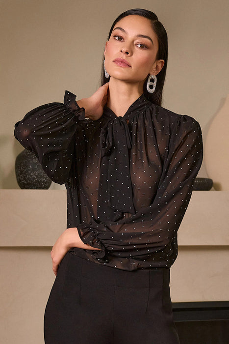 Joseph Ribkoff Black/Silver Studded Sheer Chiffon Pussy Bow Top 254200