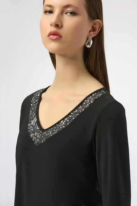 Joseph Ribkoff Black/Silver V-Neck Sequined Straight Top 254025