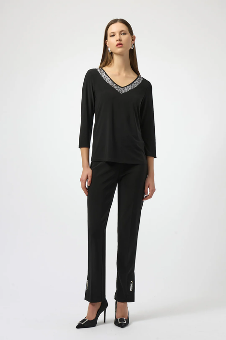Joseph Ribkoff Black/Silver V-Neck Sequined Straight Top 254025