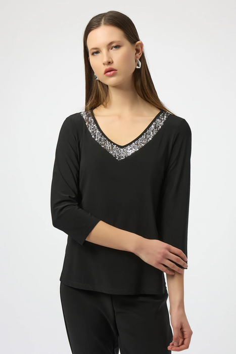 Joseph Ribkoff 254025 Black/Silver V-Neck Sequined Straight Top