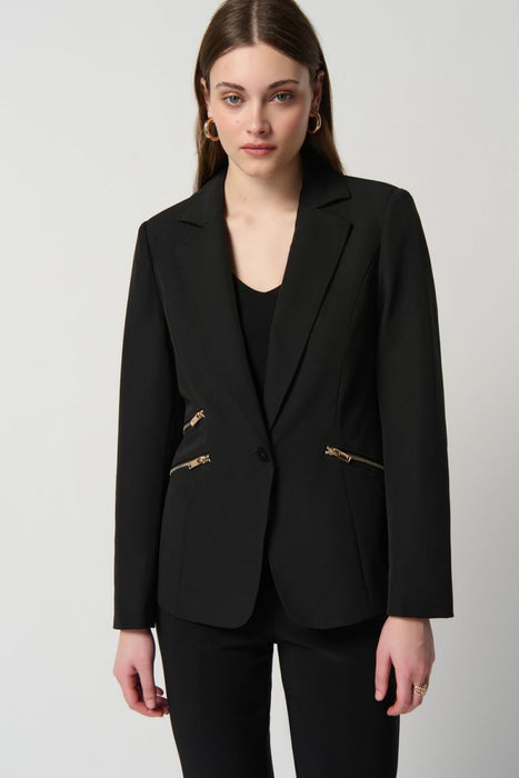 Joseph Ribkoff Style 234929 Black Single-Button Zip Pockets Blazer Jacket