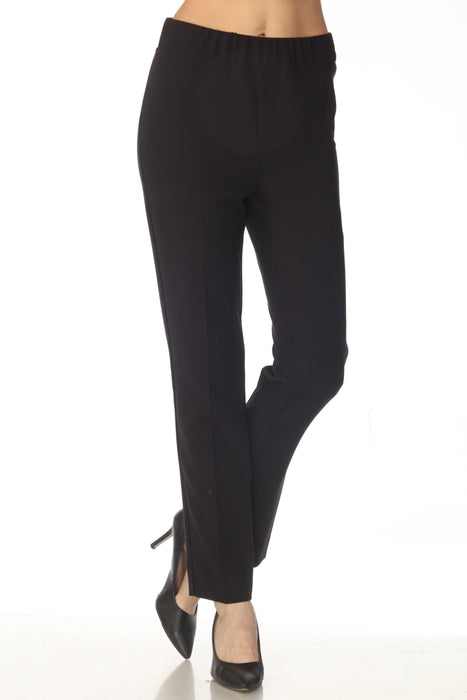 Woman wearing a black slim straight leg pant with elastic waistband from Joseph Ribkoff