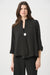 Woman wearing a solid black swing jacket with statement button and 3/4 sleeves from Joseph Ribkoff