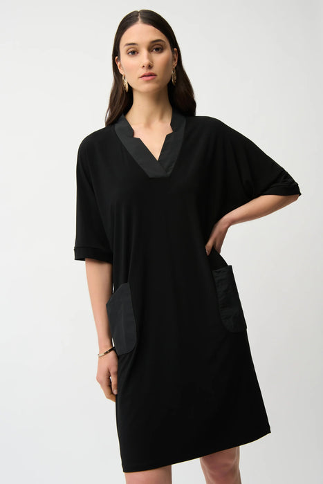 Woman wearing Joseph Ribkoff straight V-neck dress for office outfit