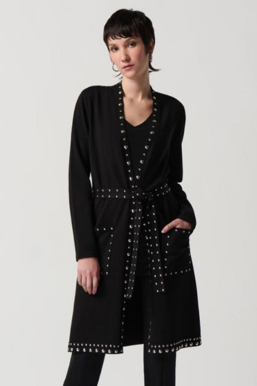 Joseph Ribkoff Style 234919 Black Studded Belted Longline Knit Cover-Up Jacket