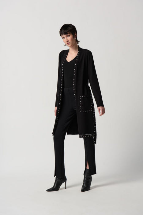 Joseph Ribkoff Black Studded Belted Longline Knit Cover-Up Jacket 234919