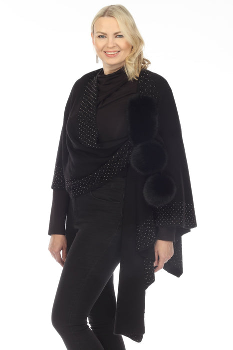 Joseph Ribkoff Style 233939 Black Studded Faux Fur Pom Pom Poncho Cover-Up