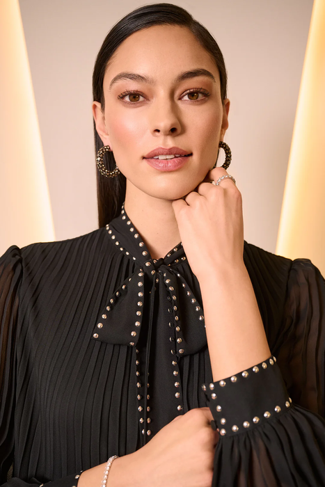 Joseph Ribkoff Black Studded Scarf Collar Long Puff Sleeve A-Line Dress 254902