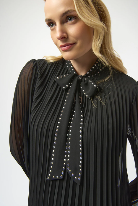 Joseph Ribkoff Black Studded Scarf Collar Long Puff Sleeve A-Line Dress 254902