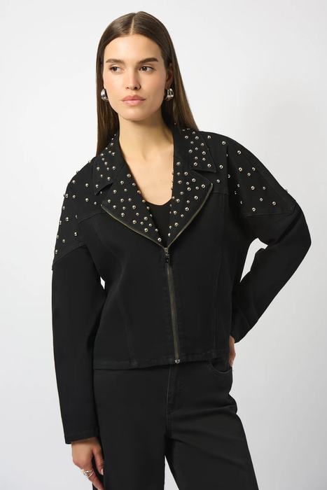 Joseph Ribkoff 253947 Black Studded Stretch Denim V-Neck Jacket