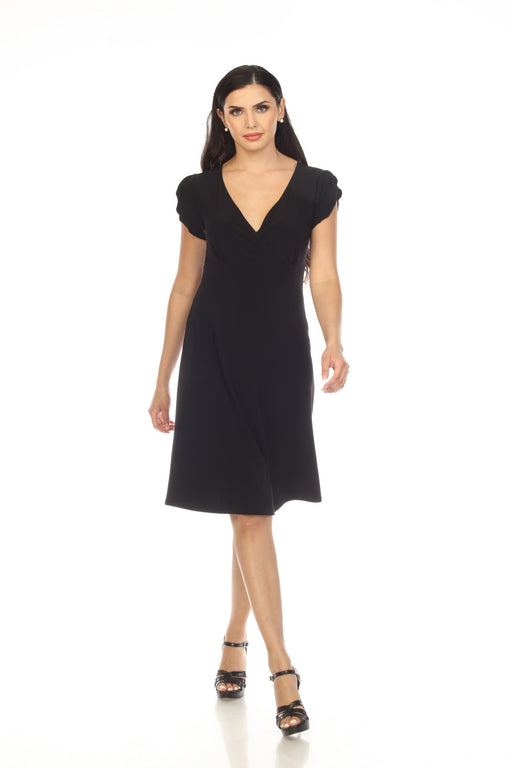 Joseph Ribkoff Style 163012 Black Surplice Neck Short Tulip Sleeve A-Line Dress