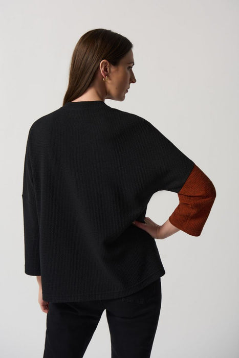 Joseph Ribkoff Black/Tandoori Color Block Faux Leather Trim Sweater Top 233055
