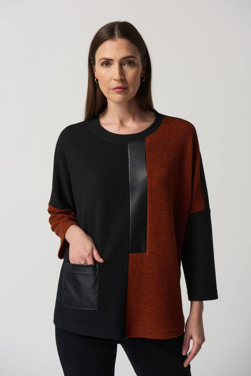 Joseph Ribkoff Style 233055 Black/Tandoori Color Block Faux Leather Trim Sweater Top
