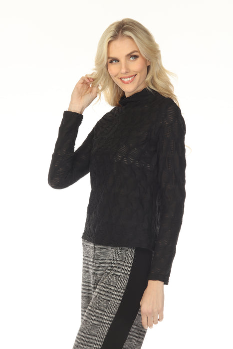 Joseph Ribkoff Black Ruched Textured Mock Neck Fitted Top 254128