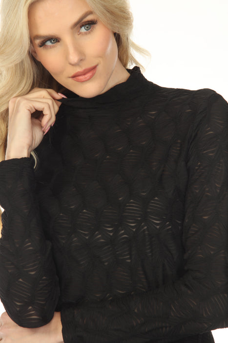Joseph Ribkoff Black Ruched Textured Mock Neck Fitted Top 254128