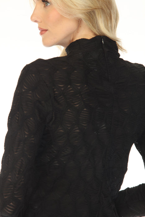 Joseph Ribkoff Black Ruched Textured Mock Neck Fitted Top 254128