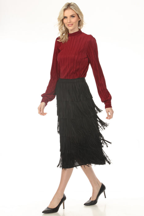 Joseph Ribkoff Black Tiered Fringe Midi Skirt 254901