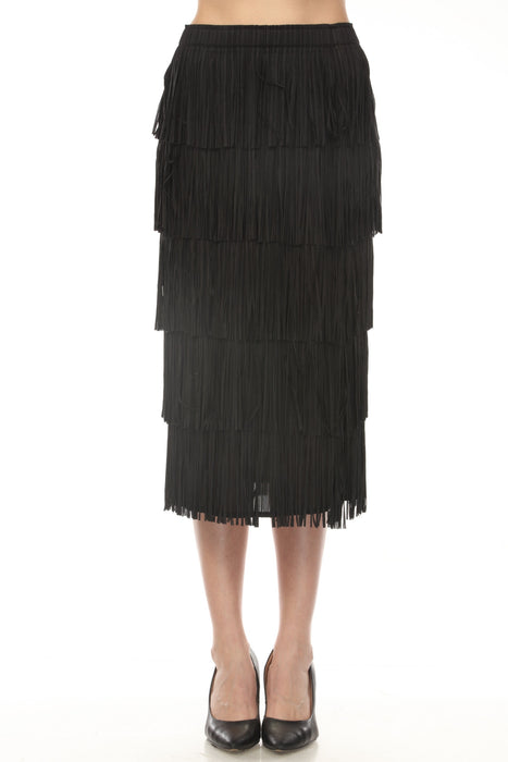 Joseph Ribkoff Black Tiered Fringe Midi Skirt 254901