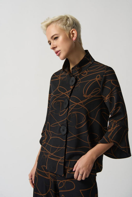 Joseph Ribkoff Style 233270 Black/Toffee Scribble Print 3/4 Tulip Sleeve Jacket