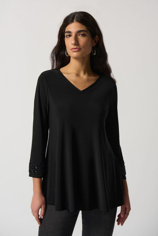 Joseph Ribkoff Style 233079 Black Embellished  V-Neck 3/4 Sleeve Flared Tunic Top