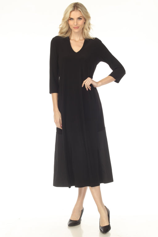 Woman wearing a black maxi dress with v-neck and 3/4 sleeves from Joseph Ribkoff