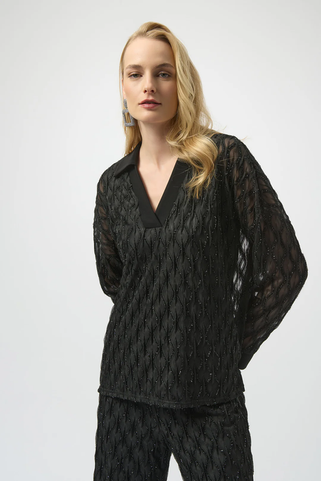 Joseph Ribkoff 254116 Black V-Neck Collared Long Sleeve Top