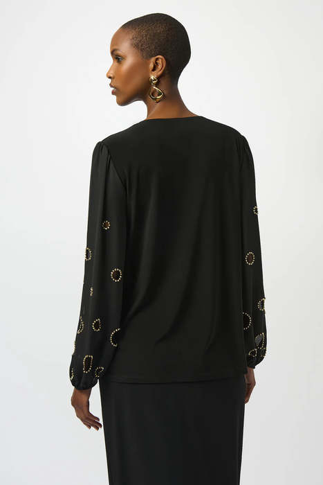 Joseph Ribkoff Black V-Neck Long Embellished Puff Sleeves Top 253084