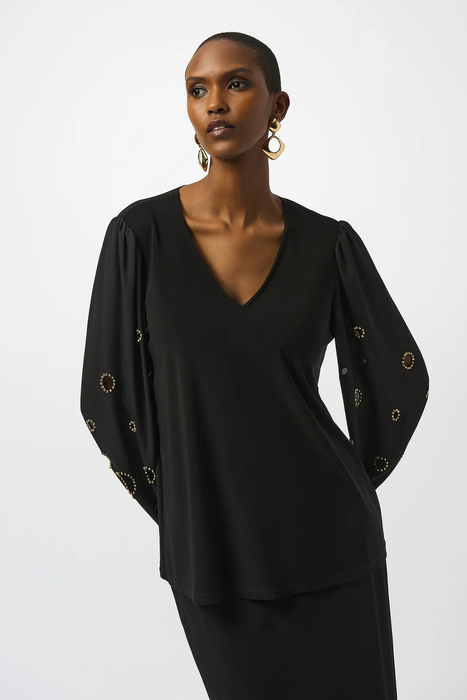 Joseph Ribkoff 253084 Black V-Neck Long Embellished Puff Sleeves Top