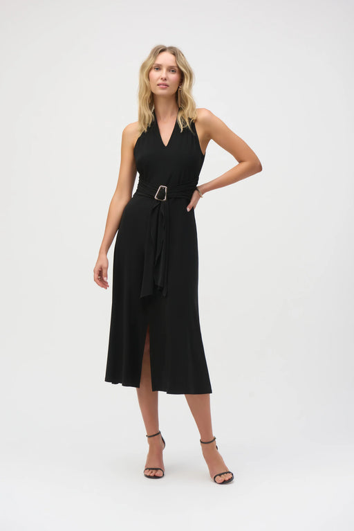 Joseph Ribkoff Style 252091 Black V-Neck Waist Sash Midi Fit and Flare Dress