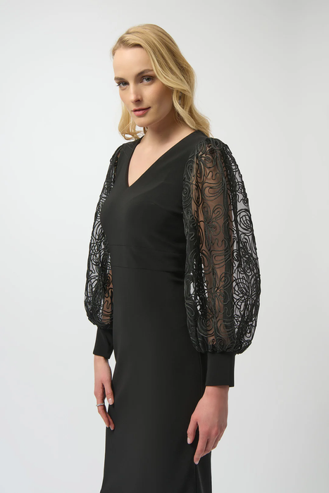 Joseph Ribkoff Black V-Neckline Long Mesh Puff Sleeves Sheath Dress 254052
