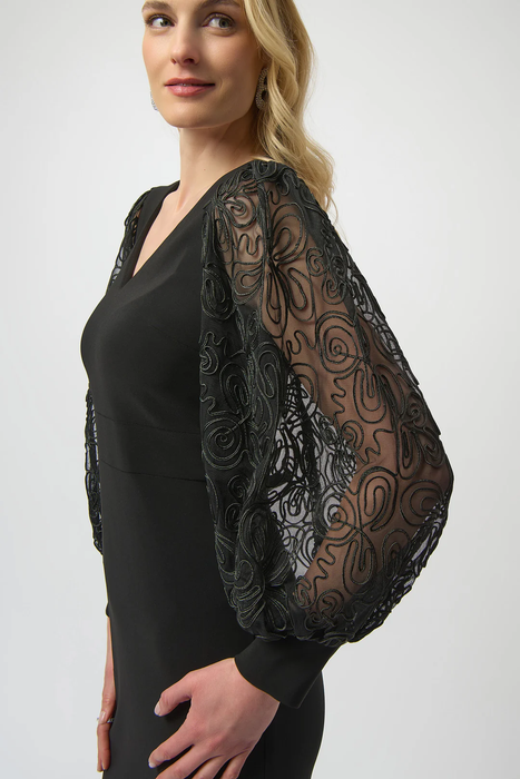 Joseph Ribkoff Black V-Neckline Long Mesh Puff Sleeves Sheath Dress 254052