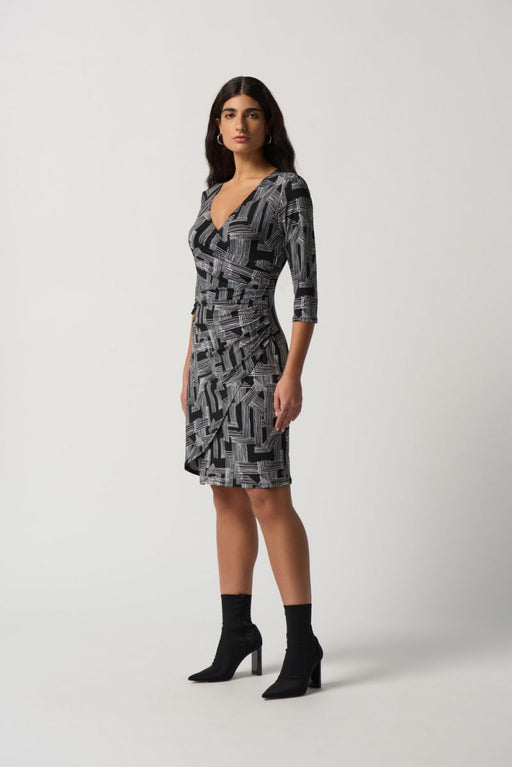 Joseph Ribkoff Style 233172 Black/Vanilla Abstract Linear Print Faux Wrap Sheath Dress
