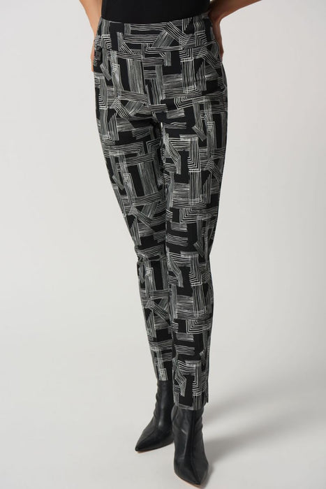 Joseph Ribkoff Style 233285 Black/Vanilla Abstract Linear Print Pull On Slim Ankle Pants