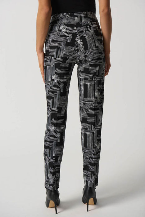 Joseph Ribkoff Black/Vanilla Abstract Linear Print Pull On Slim Ankle Pants 233285