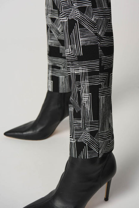 Joseph Ribkoff Black/Vanilla Abstract Linear Print Pull On Slim Ankle Pants 233285
