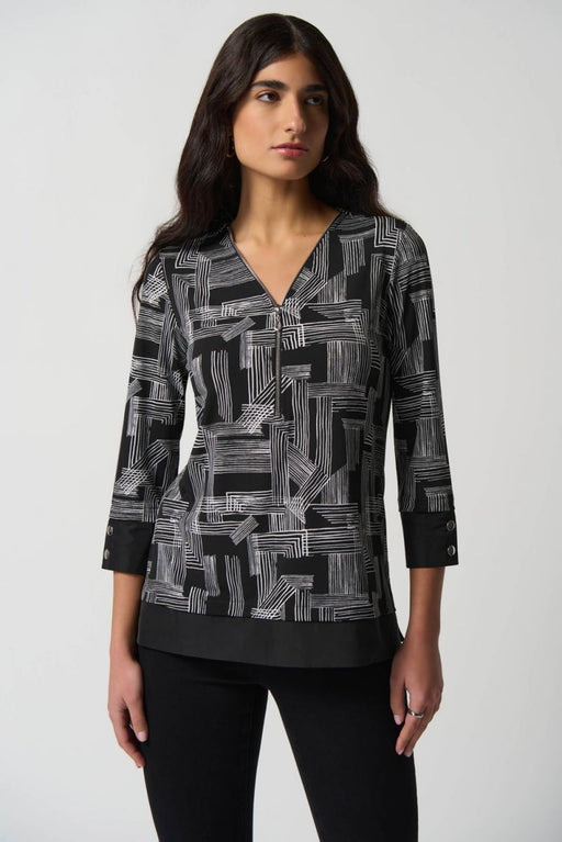 Joseph Ribkoff Style 233225 Black/Vanilla Abstract Linear Print V-Neck 3/4 Sleeve Top