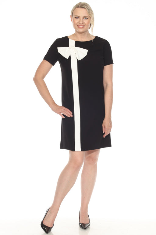 Joseph Ribkoff Style 251139 Black/Vanilla Bow Detail Short Sleeve Shift Dress