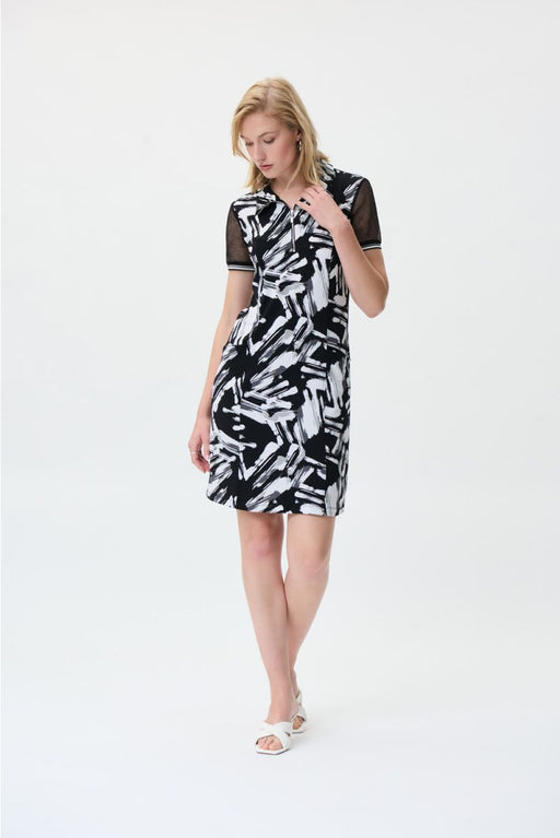 Joseph Ribkoff Style 231150 Black/Vanilla Brushstroke Print Mesh Sleeve Polo Dress