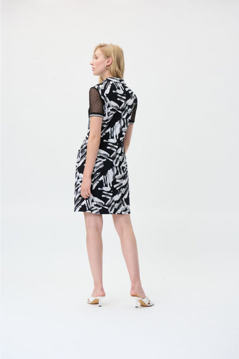 Joseph Ribkoff Black/Vanilla Brushstroke Print Mesh Sleeve Polo Dress 231150