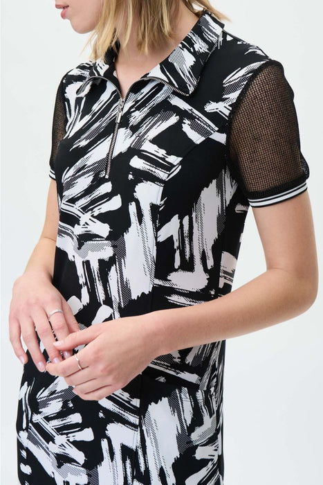 Joseph Ribkoff Black/Vanilla Brushstroke Print Mesh Sleeve Polo Dress 231150