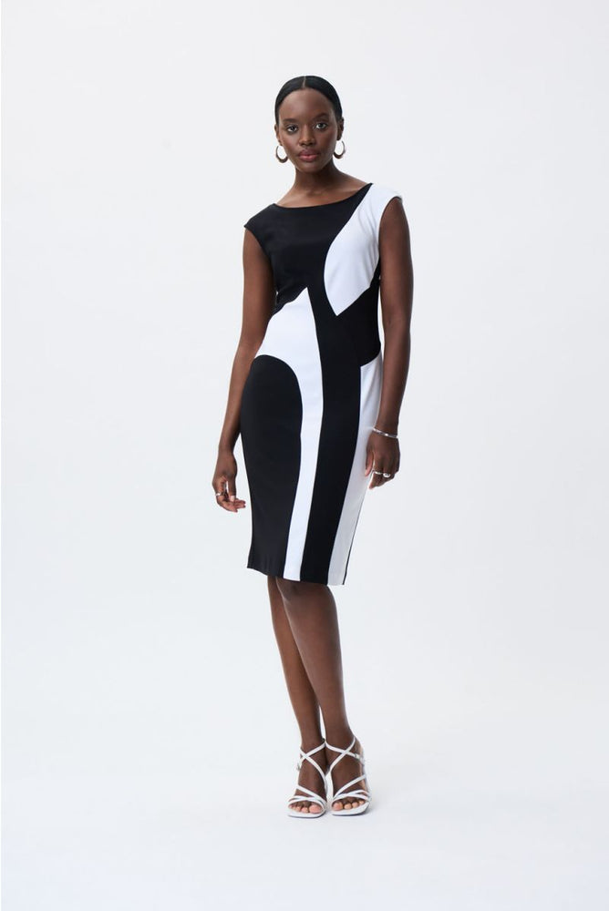 Joseph Ribkoff Style 231111 Black/Vanilla Color Block Cap Sleeve Sheath Dress