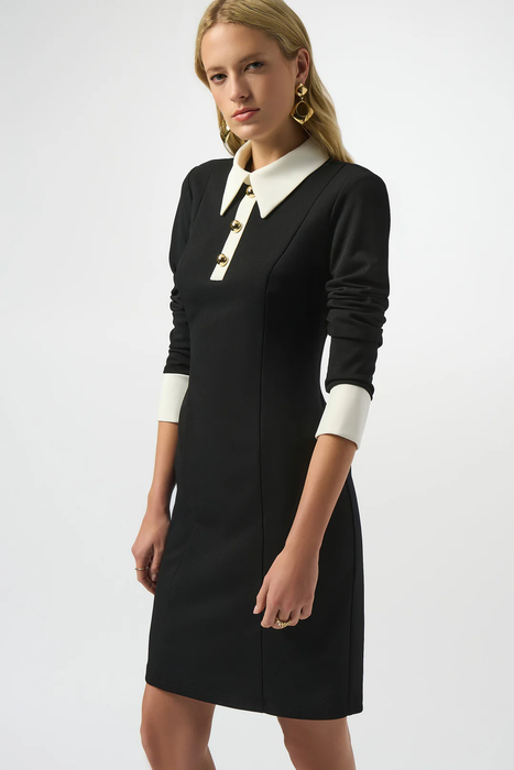 Joseph Ribkoff Black/Vanilla Color Block Collared 3/4 Sleeves Shift Dress 253180