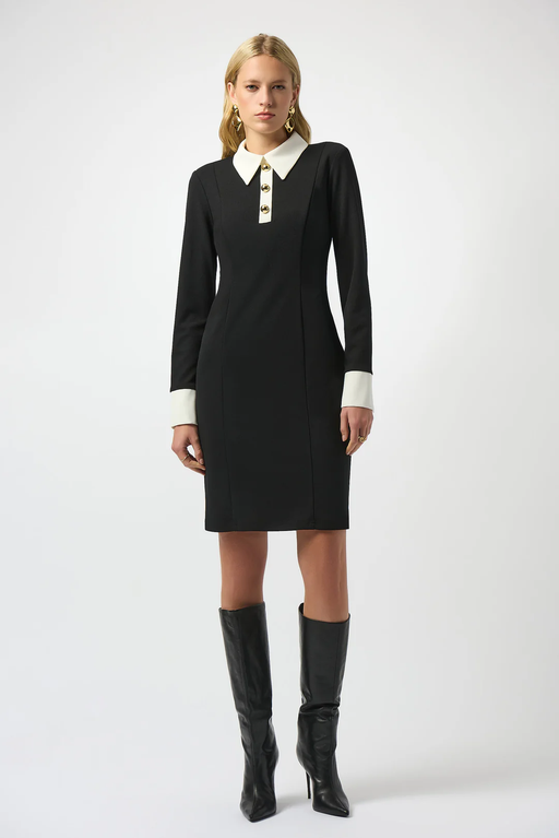 Joseph Ribkoff 253180 Black/Vanilla Color Block Collared 3/4 Sleeves Shift Dress