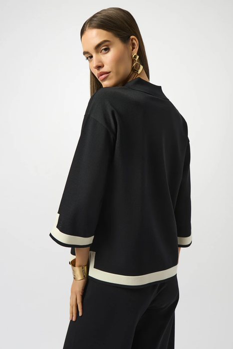 Joseph Ribkoff Black/Vanilla Color Block Collared V-Neck 3/4 Sleeves Top 253909