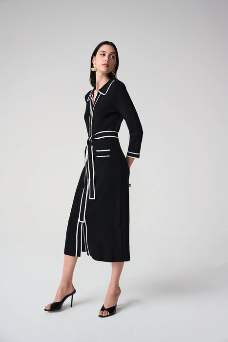 Joseph Ribkoff Black/Vanilla Contrast Trim Belted Midi Shirt Dress 261944
