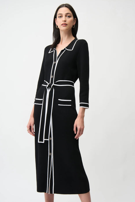 Joseph Ribkoff Black/Vanilla Contrast Trim Belted Midi Shirt Dress 261944