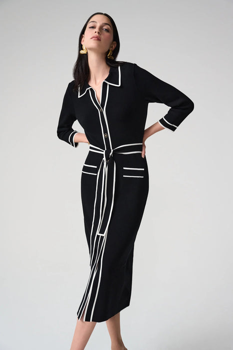 Joseph Ribkoff Black/Vanilla Contrast Trim Belted Midi Shirt Dress 261944