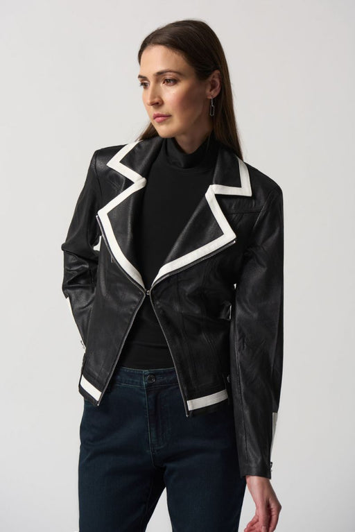 Joseph Ribkoff Style 233909 Black/Vanilla Contrast Trim Faux Suede Long Sleeve Moto Jacket